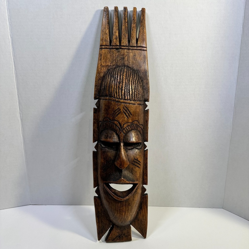 Vintage Long Hand Carved Wood Wall Mask African Style Folk Art Tribal Decor